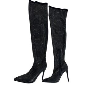 Black Rhinestone Over The Knee Stiletto Boots Pointed Toe Size 9